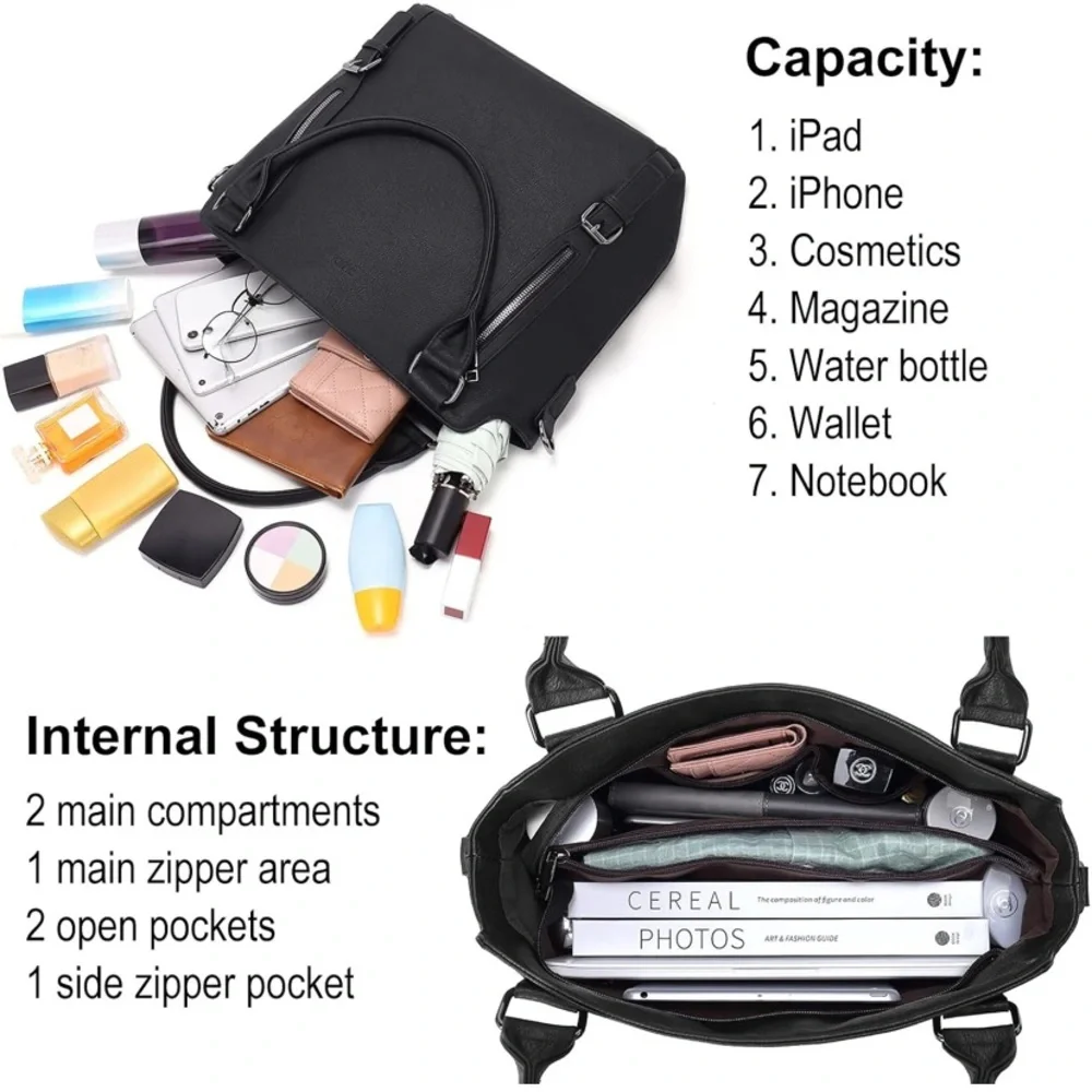 Black Vegan Leather Tote with Gunmetal Hardware. EUC - Picture 2 of 15